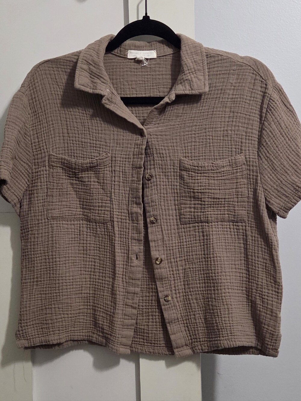 Better Together - Oversize Textured Short-Sleeve Button Front Shirt in Taupe